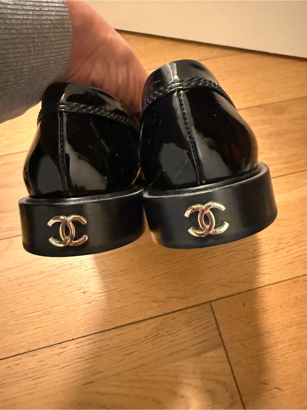 CHANEL Black Patent Leather Logo Chain Loafers - Picture 6 of 8